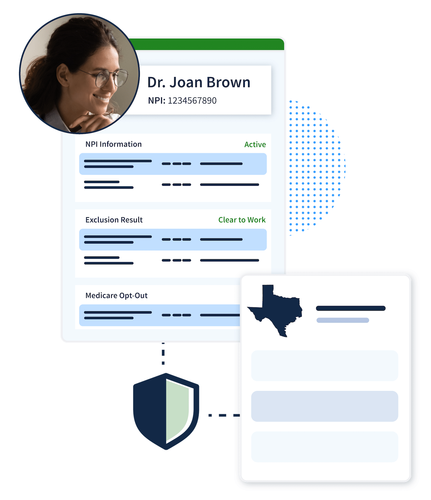 Woman's provider profile depicting her status as clear, double-checked against state records from Texas