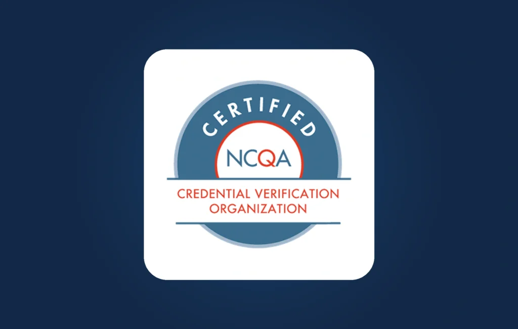 Graphic featuring the NCQA Certified Credential Verification Organization seal